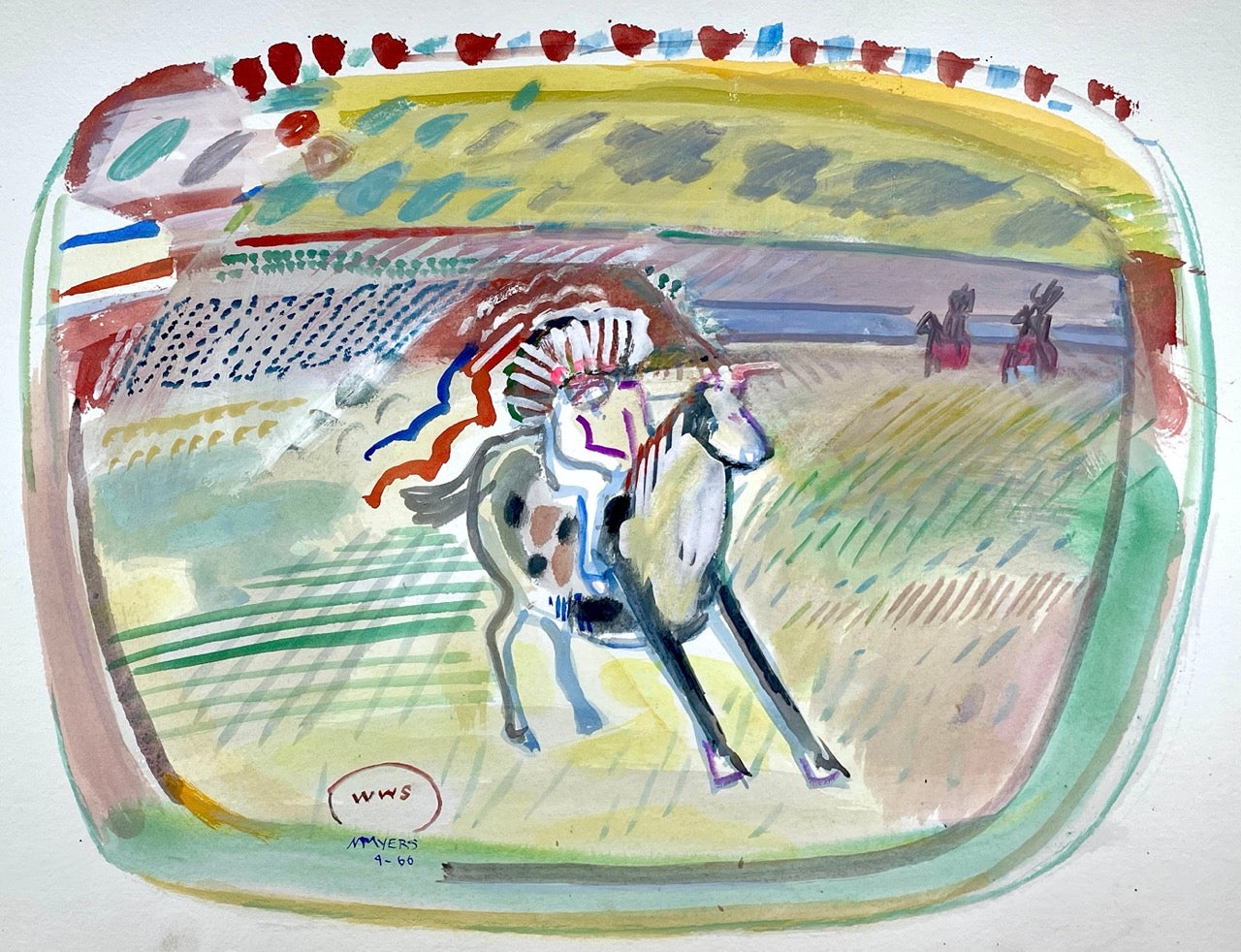 Malcolm Myers, ‘Untitled #1069 (Spotted Horse and Rider),’ 1966. Watercolor, 22.5h x 31w. Courtesy of Rubine Red Gallery