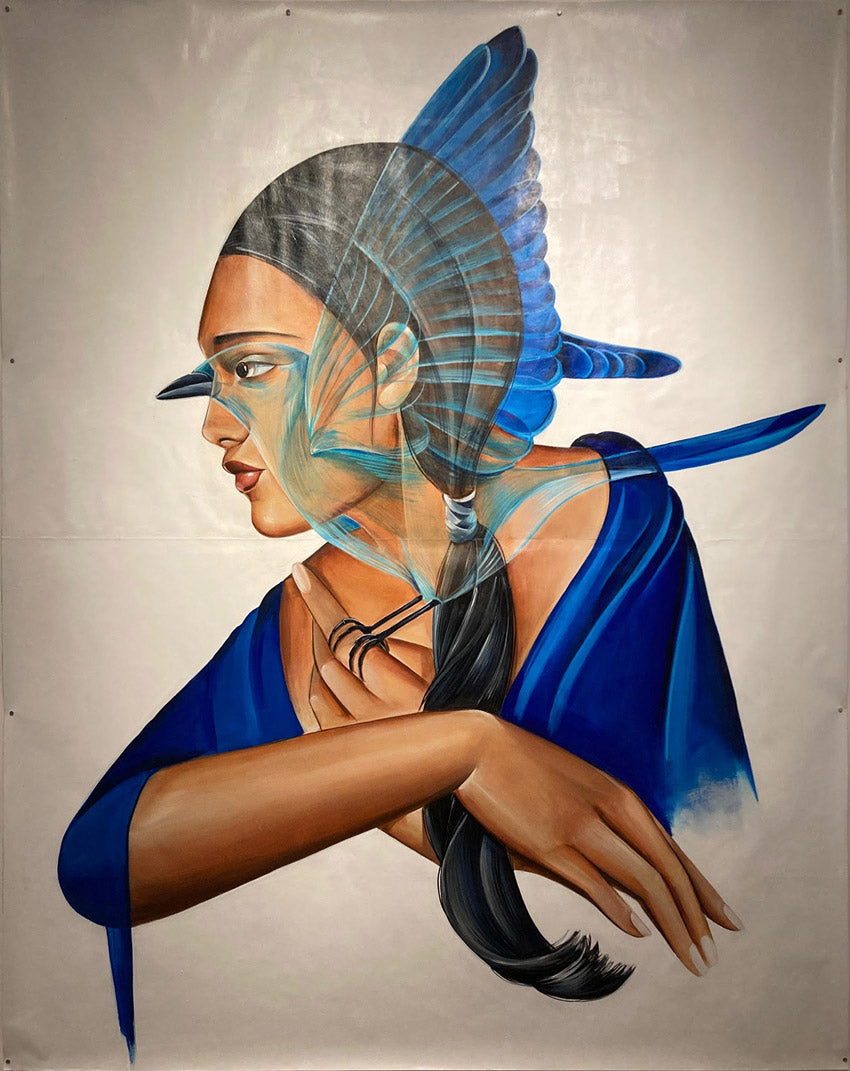 Nani Chacon, (Diné), Emersion to the Blue World, (2017). Acrylic on Polytab; installation view at SITE Santa Fe