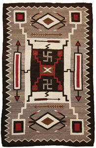 Navajo Crystal Storm Pattern with Whirling Logs, Waterbug, and Arrow motifs, c. 1920, 86" x 56" 