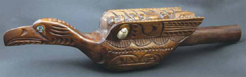 Northwest Coast wooden rattle with shell and Mother of Pearl, c. 1950, 17" x 3.75" x 3.5"