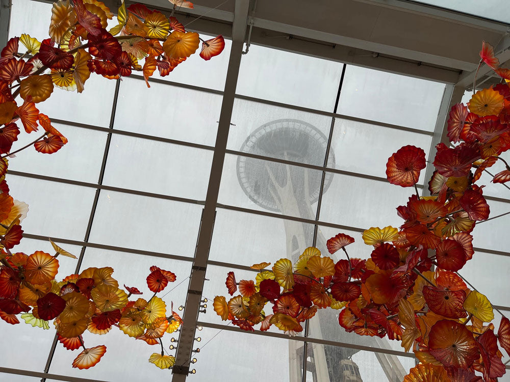 View of the Space Needle from the Chihuly Gardens and Glass Glasshouse