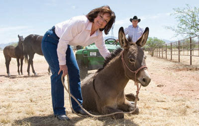 Fred takes a back seat while his sculptor-wife Deborah Copenhaver Fellows, gets their favorite burro, Yum-Yum, to roll over.