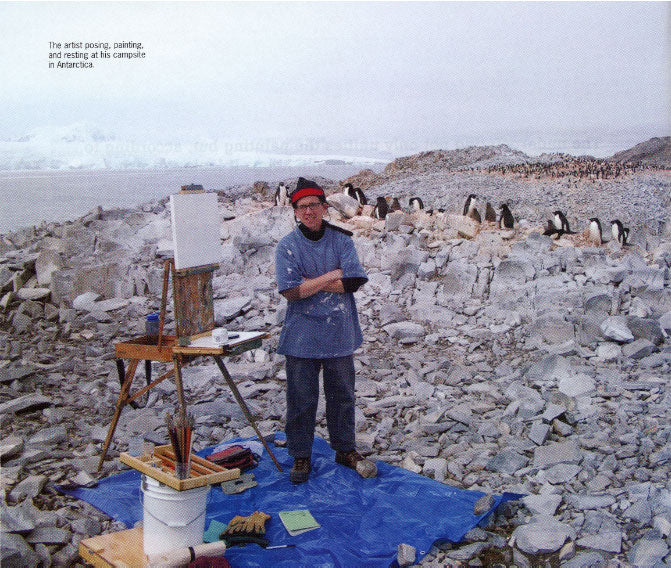 Artist James Woodside painting in Antarctica