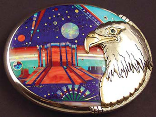 Jesse Monongya, Eagle Monument Valley Buckle, Gold, Lapis, Coral, Spiney Oyster, Malachite and Turquoise