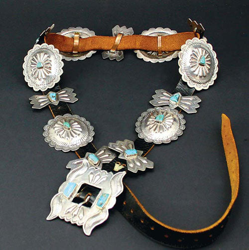 Navajo Silver and Turquoise Leather Concho Belt, circa 1940