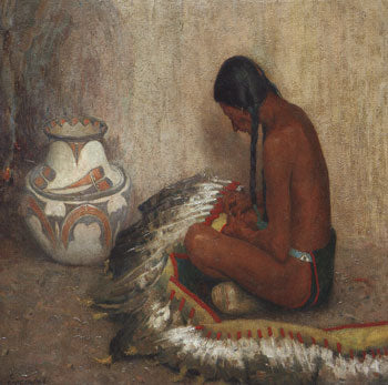 E. Irving Couse (1866-1936), Mending the War Bonnet, 1910, oil on canvas, 30" x 36" 