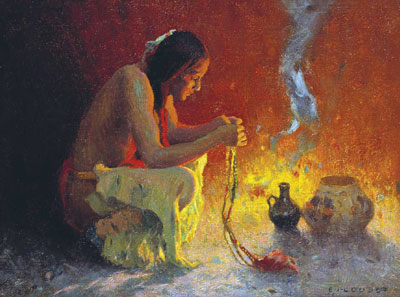 E. I. Couse, Crouching Indian by a Fire, Oil on Canvas, 11.375" x 15.375" Denver Art Museum, Collectors' Choice Benefit Fund, 1986