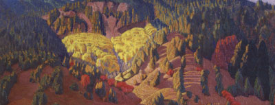 Ernest Blumenschein (1874-1960), Autumn Landscape, NM, c. 1925, oil on canvas, 10.5" x 25.5" 