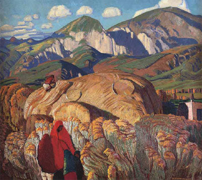 Ernest L. Blumenschein, Haystack, Taos Valley, Oil on Canvas 24" x 27" Courtesy of the Fred Jones Jr. Museum of Art, The University of Oklahoma, Norman, Given in memory of Roxanne P. Thams by William H. Thams, 2008