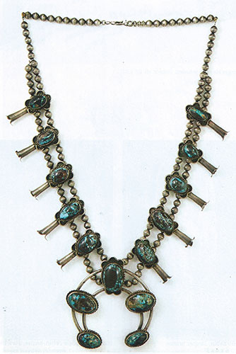 Navajo Bisbee turquoise and silver squash blossom necklace, ca. 1950, 29