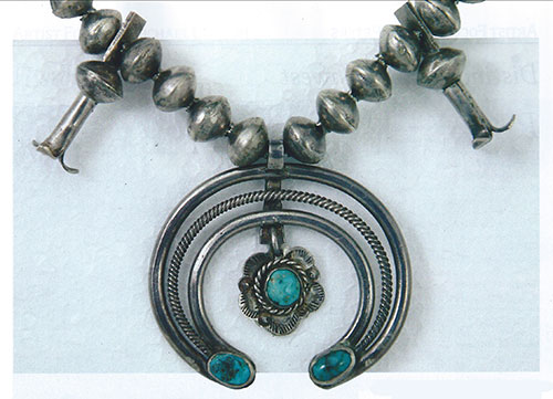 Navajo silver and turquoise squash blossom necklace, ca. 1920, 1.875