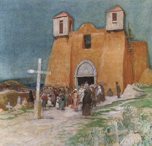 Oscar E. Berninghaus (1874-1952), Church at Ranchos de Taos, 1920, oil on canvas, 28" x 28" 