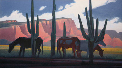 Ed Mell, Saguaro Horses, Oil on Linen, 34" x 60"