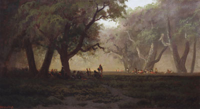 Ransom Gillette Holdredge (1836-1899) Indian Council in Yosemite Valley, c. 1880, oil on canvas, 20.25" x 36.25" 