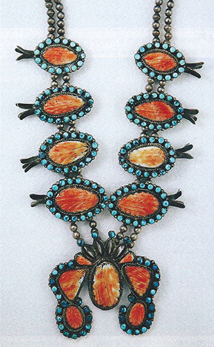 Dan Simplico, Zuni squash blossom necklace with silver, turquoise and Spiny Oyster, ca. 1940, 24