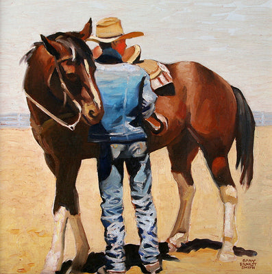 Gary Ernest Smith, Tightening the Cinch, Oil on Canvas, 16" x 16"