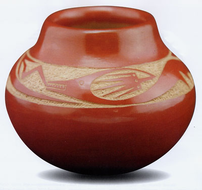 Tony Da Incised Red Avanyu Jar, 5" x 4"