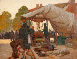 Victor Higgins, A Market Place in France, Oil on Canvas Board, c. 1912-13, 14" x 18"