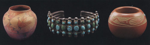 Zia Pot, Navajo Turquoise and Silver Bracelet, Tony Da Incised Red Avanyu San Ildefonso Pot with Turquoise