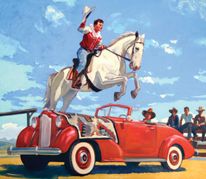 Dennis Ziemienski, Flying Buckaroo, Oil on Canvas, p42" x 48"