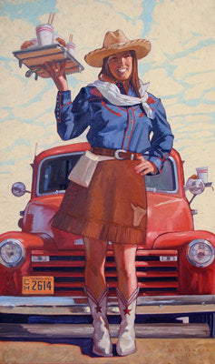 Dennis Ziemienski, Cowgirl Car Hop, Oil on Canvas, 60" x 36"