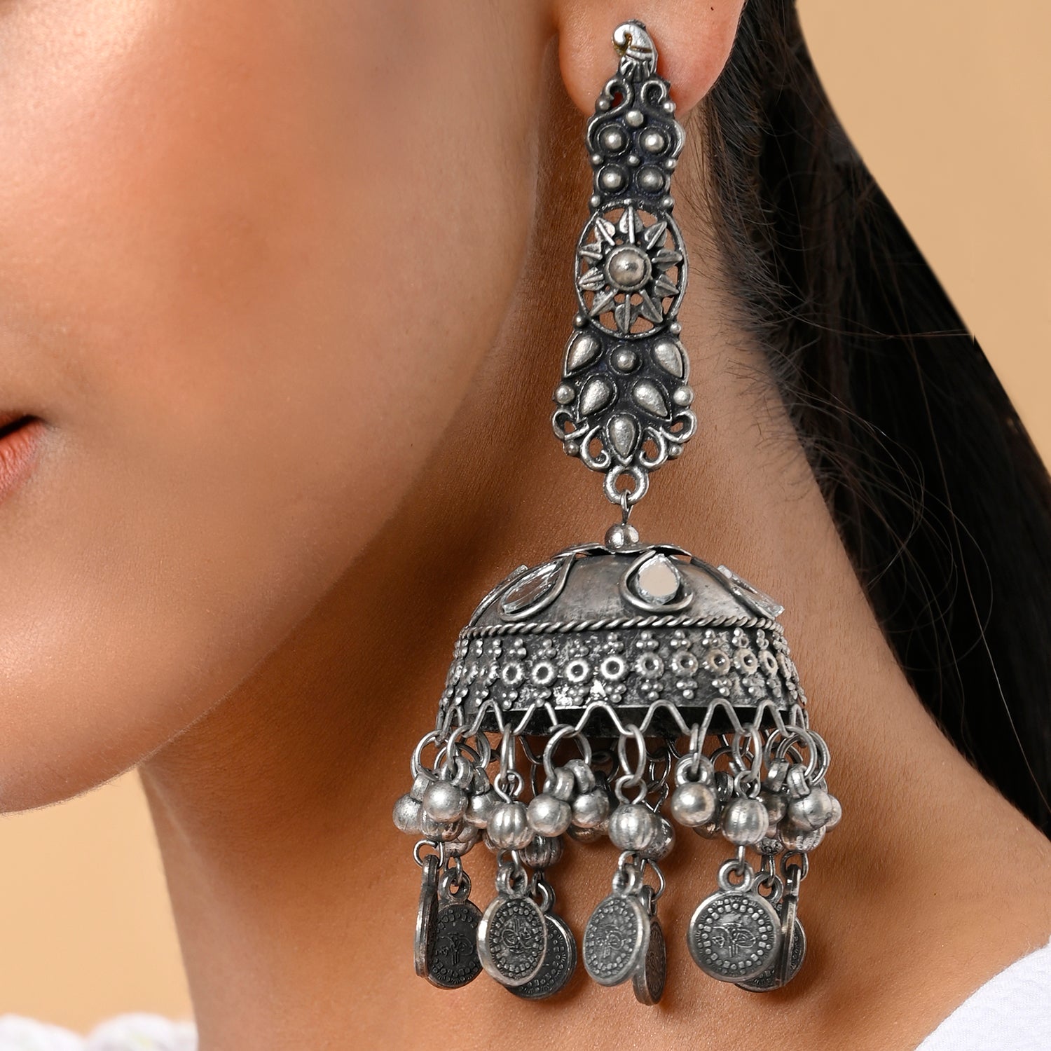 Buy Honbon Temple Earrings/Ethnic Style Pearl Drop Earrings/Handcrafted  Simple Temple Design Antique Oxidised Jhumka Earrings with Ear Chain for  Women & Girls 1Pair at Amazon.in