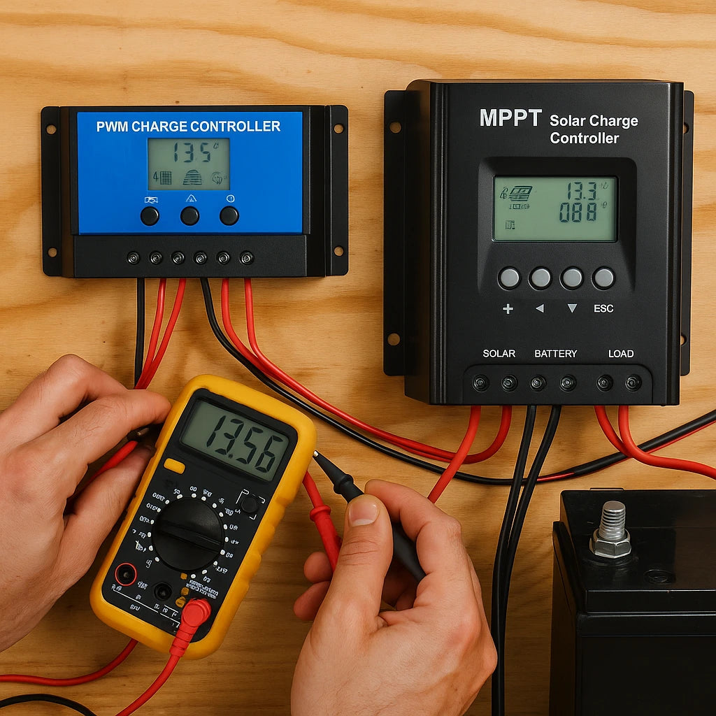 Technician using a multimeter to test a PWM and MPPT solar charge controller connected to a battery and solar system in a hands-on off grid installation setup.