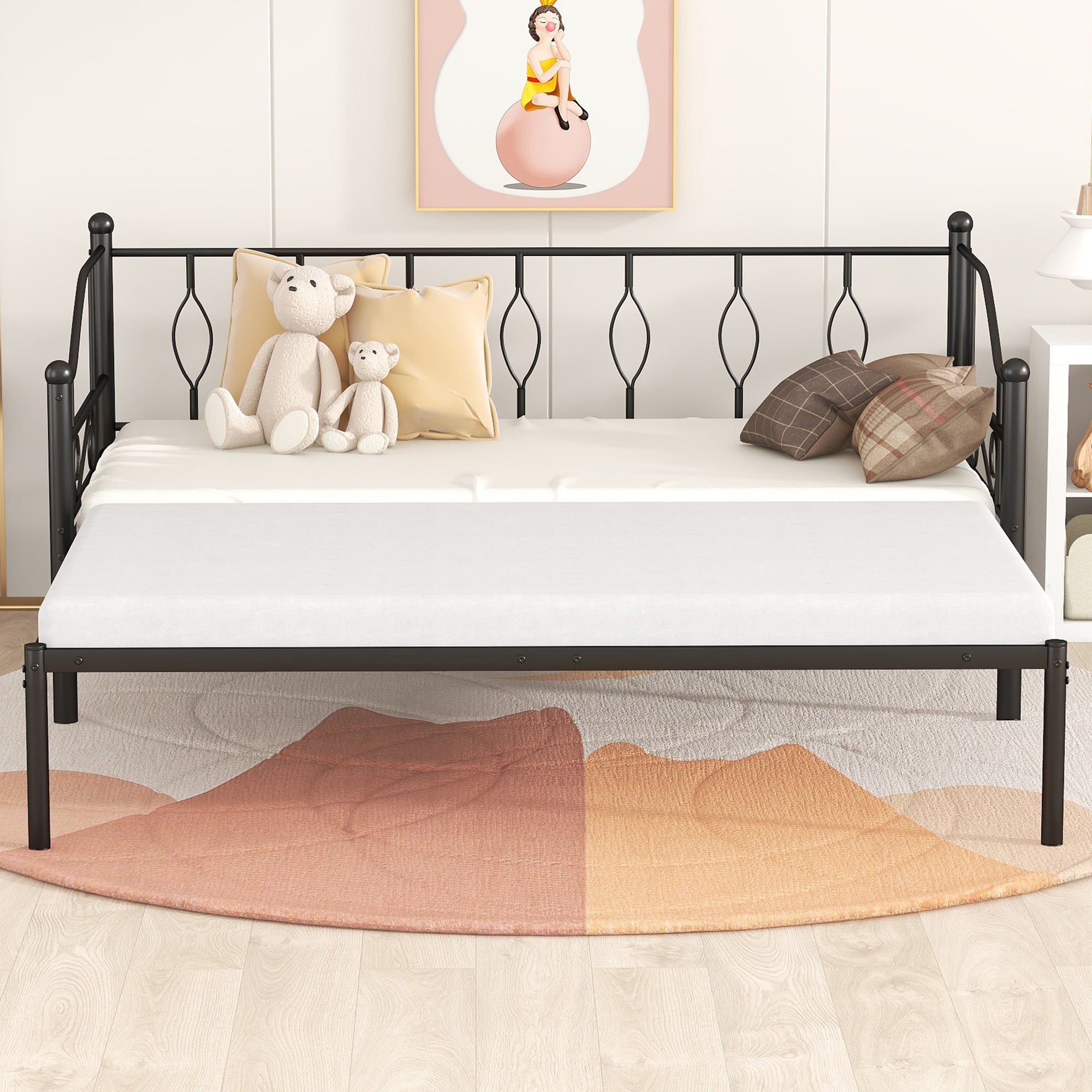 HSUNNS Twin Size Metal Daybed with Pullout Trundle, Heavy Duty Steel Daybed with Trundle Bed, Extendable Daybed Twin to King Size Saving Space Bed Sofa Bed for Kids Teens Adults Guests, Black