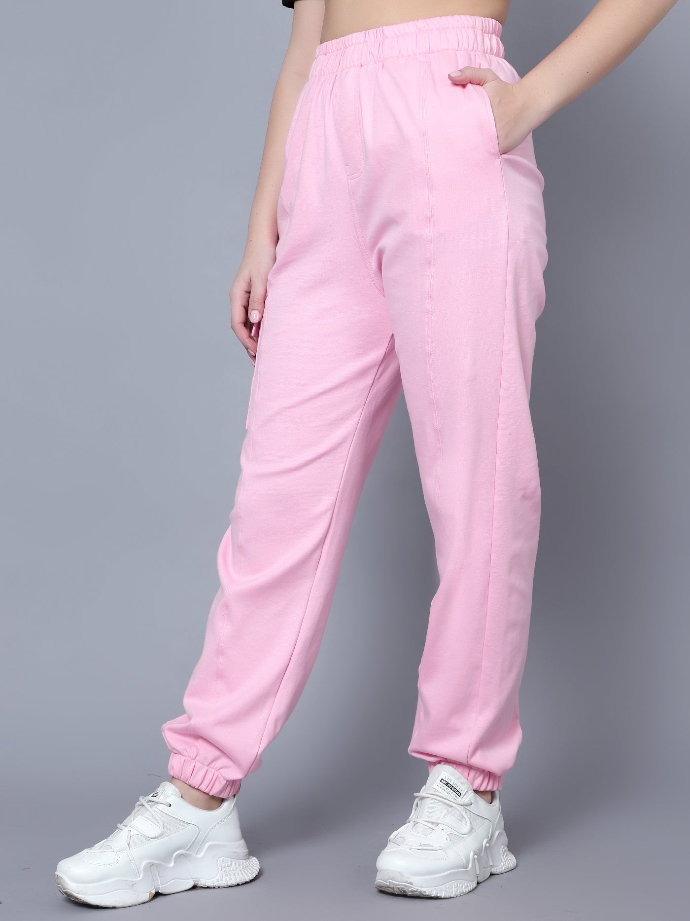 Women's Pink Solid Casual Co-ord Set (crop top+joggers)