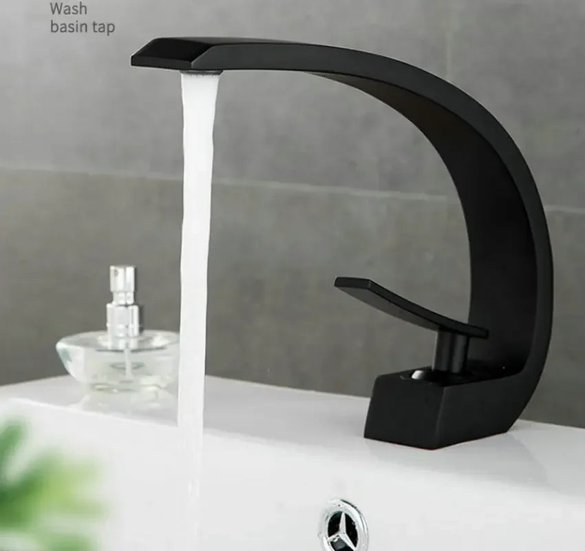 Basin Faucet Waterfall Black with Brushed Bathroom Basin sink Faucet Cold and Hot Water Mixer Single Handle Bathroom Taps