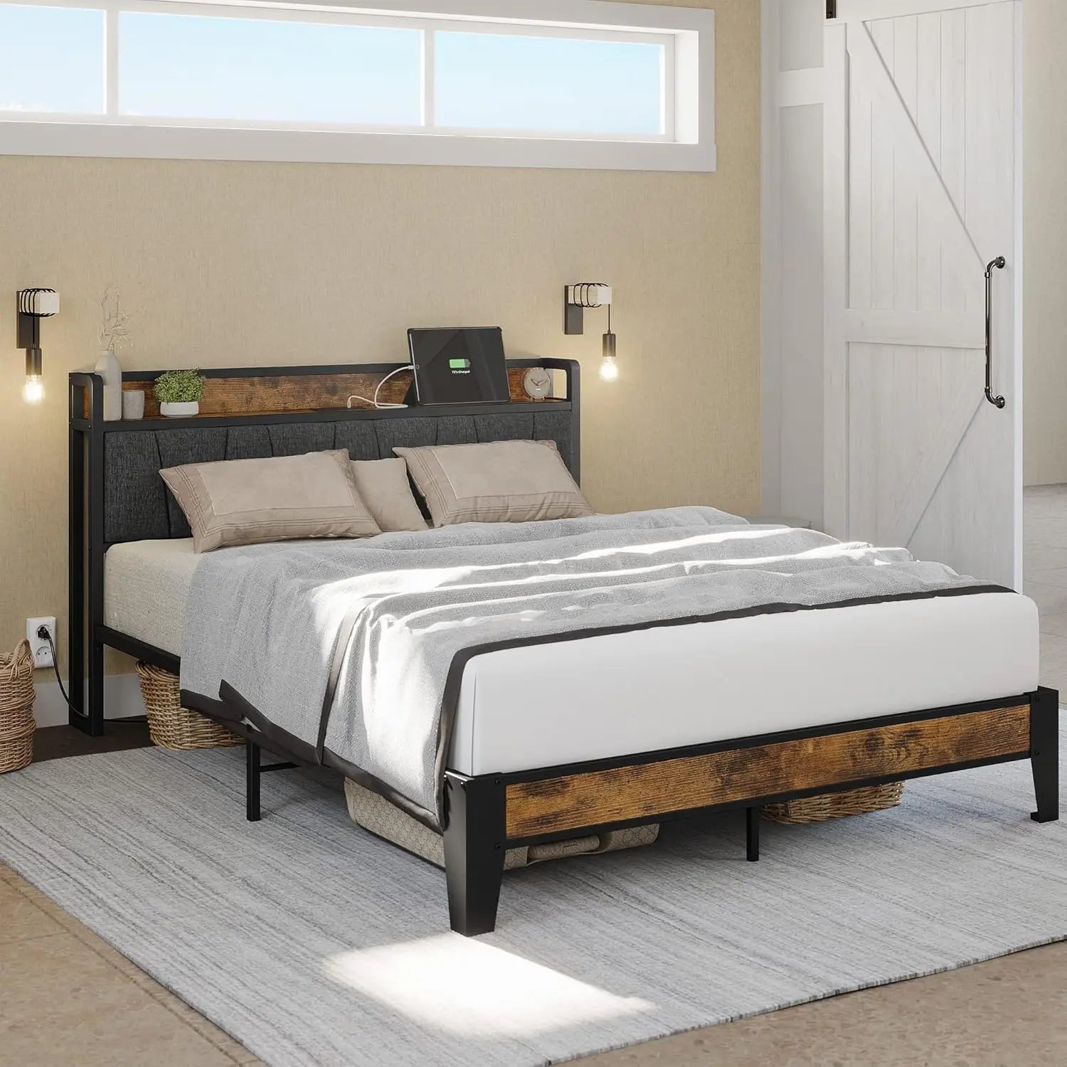 Bed Frames, Storage Headboard with Charging Station, Solid and Stable, Noise Free, No Box Spring Needed, Easy Assembly