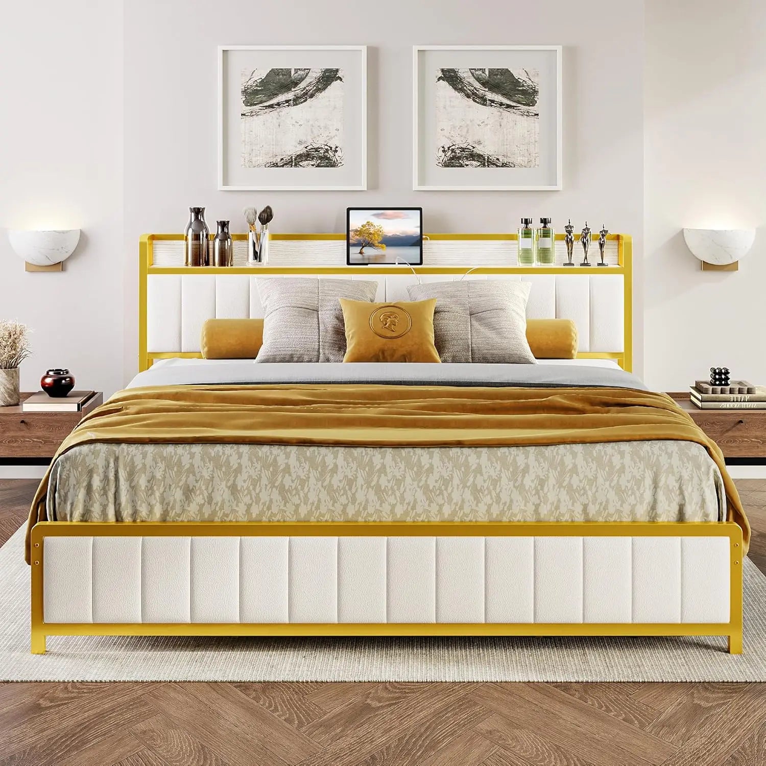 Bed Frames, Storage Headboard with Charging Station, Solid and Stable, Noise Free, No Box Spring Needed, Easy Assembly