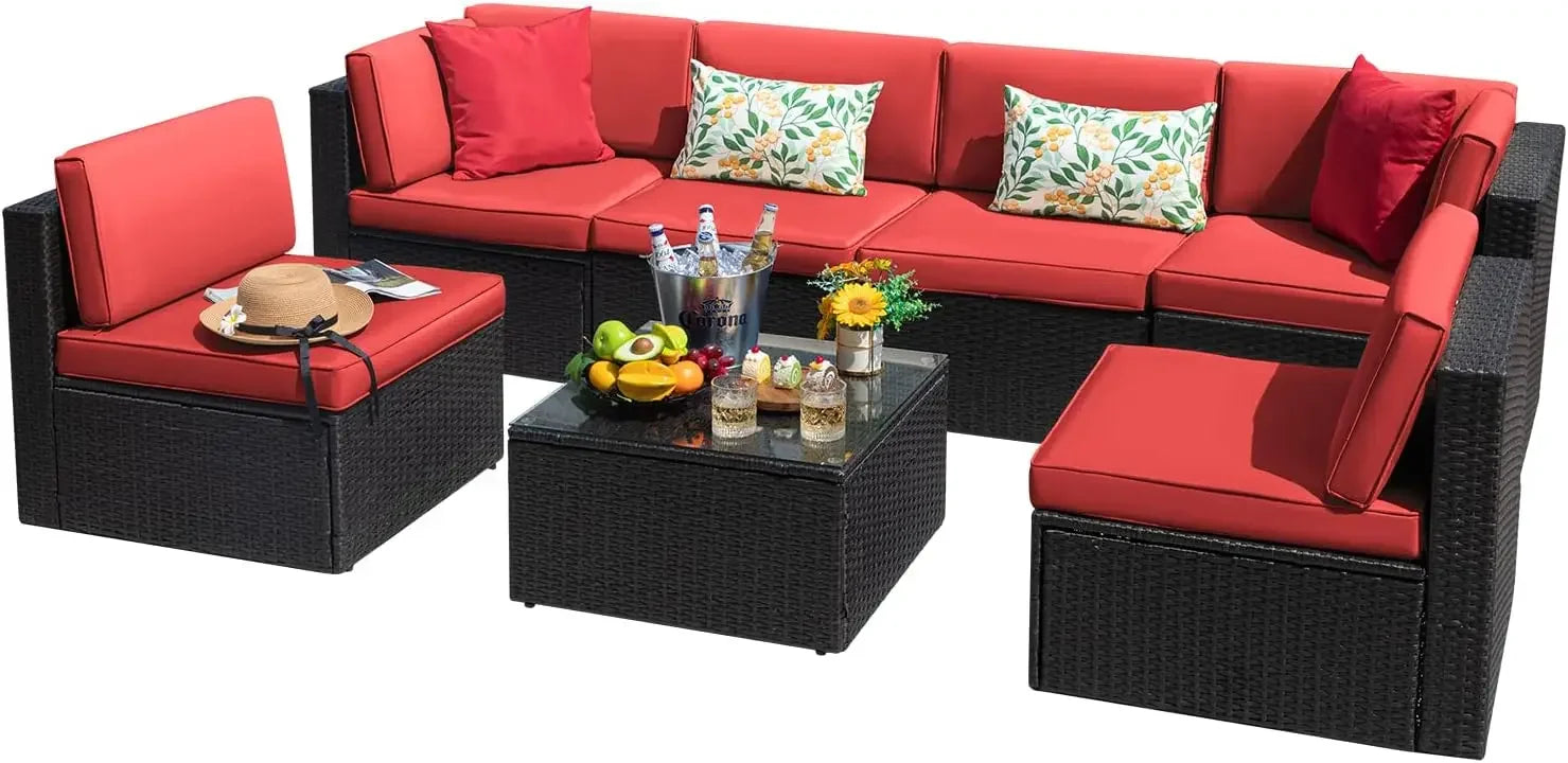 7 Pieces Outdoor Sectional Sofa Patio Furniture Sets Manual Weaving Wicker Rattan Patio Conversation Sets with Cushion