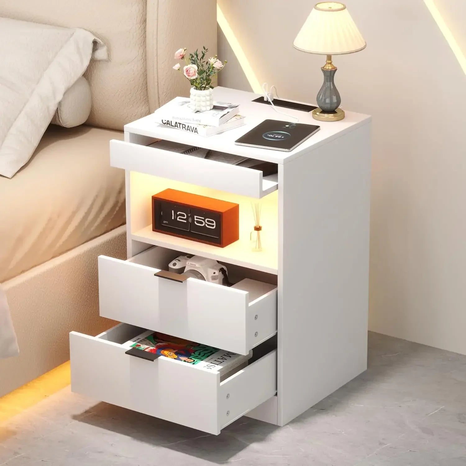LED Nightstand Bedside Table with Charging Station 2 Drawers, White Modern Sofa Couch End Side Table with LED Lights
