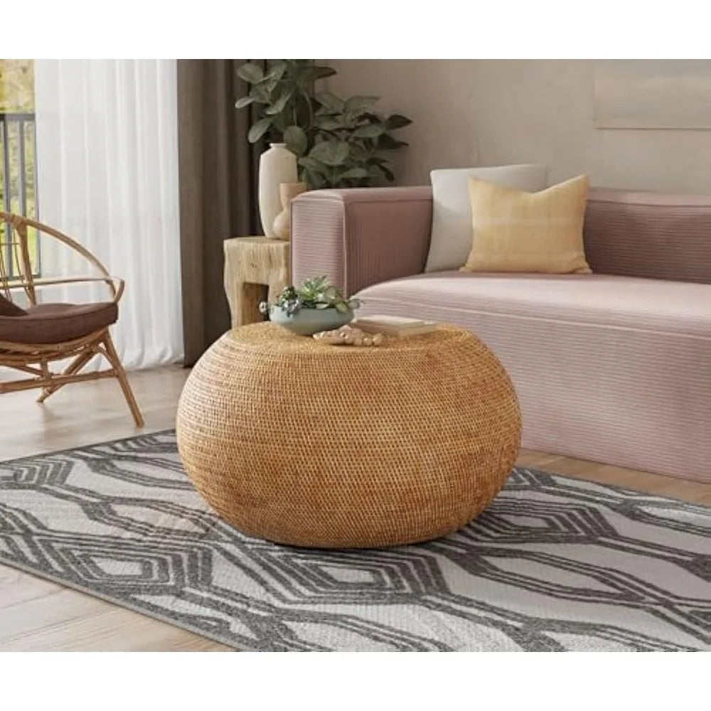 La Jolla Round Rattan Storage Coffee Table, Item Dimensions : 34L x 34W x 18H inches. Material : Rattan. No assembly required