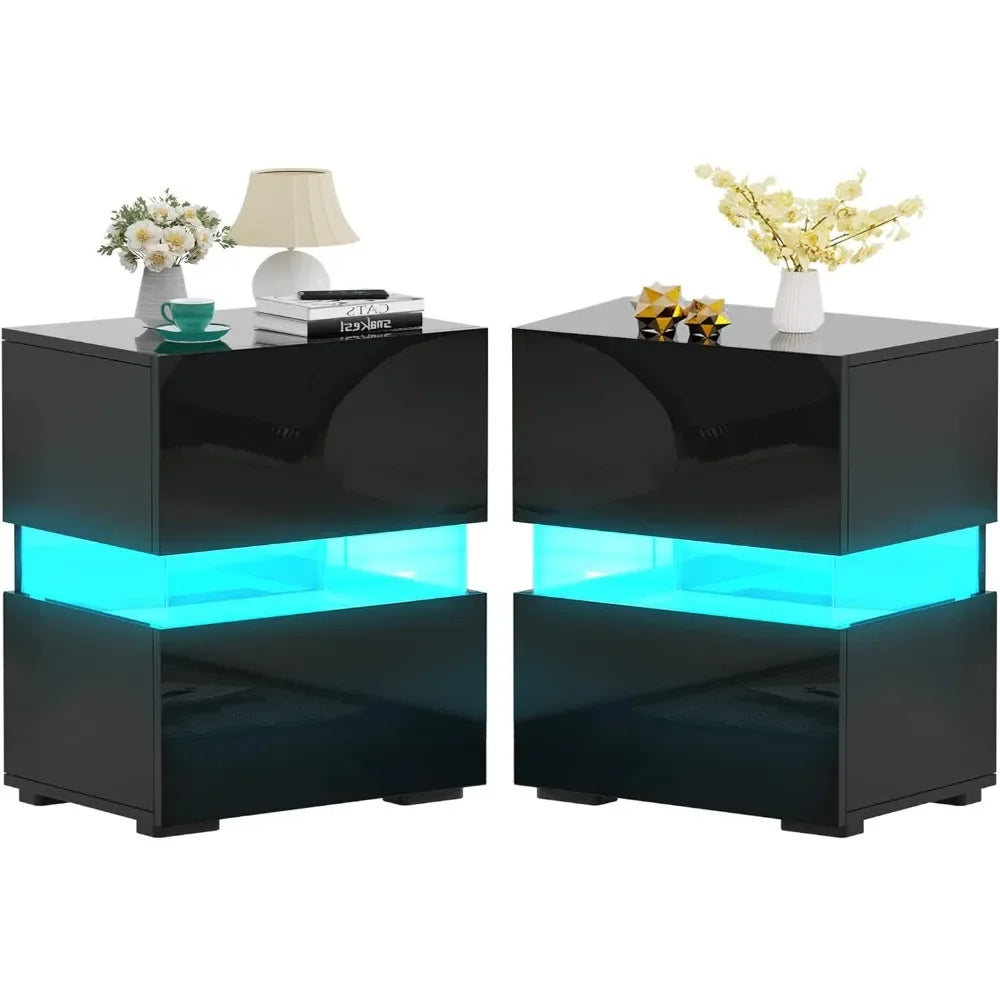 LED Nightstands Set of 2, Bedside Tables with LED Lights, Night Stands with High Gloss Drawers, Remote, End Tables for Bedroom