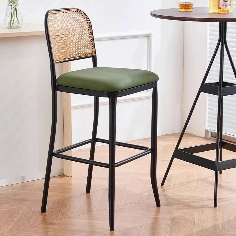 Milk tea shop front desk high stool bar rattan casual bar chair iron bar stool backrest home bar chair