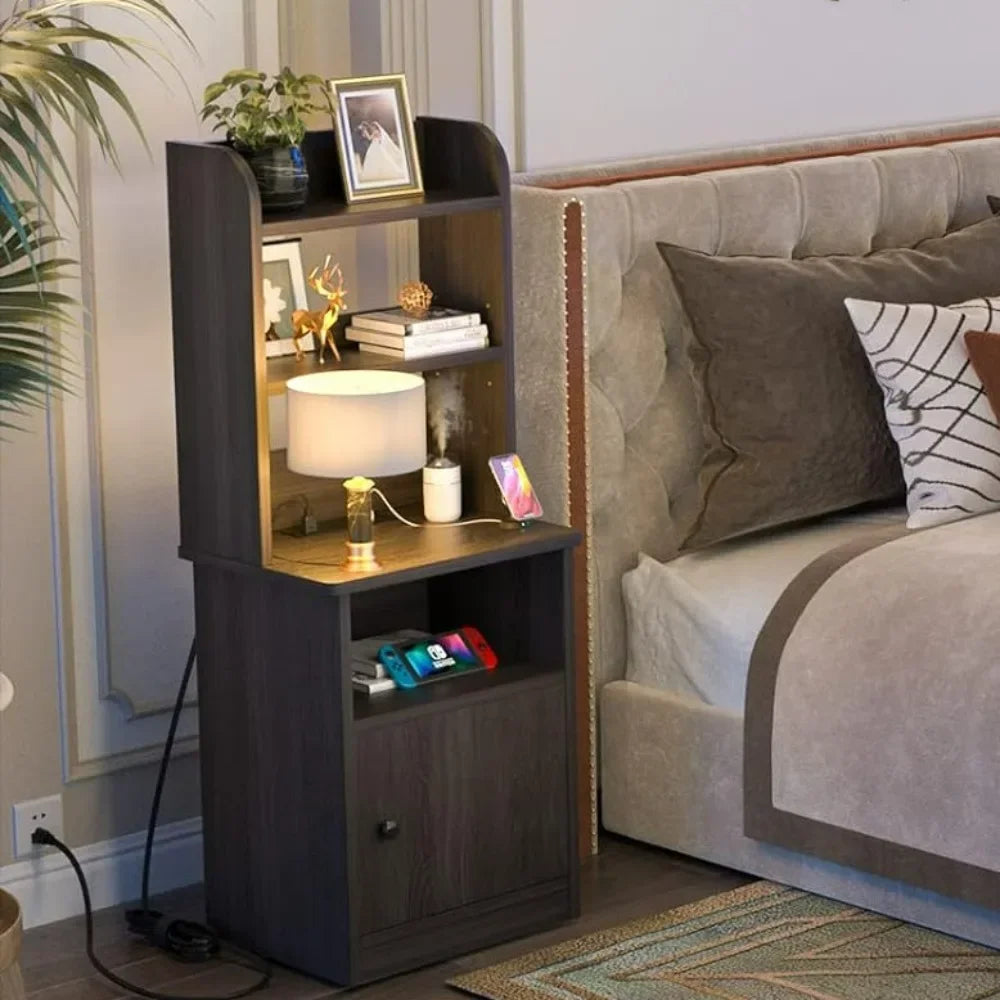 Tall Nightstand with Charging Station and USB Ports-47"Tall Bedside Table with Adjustable Bookshelf,Side Table,Walnut