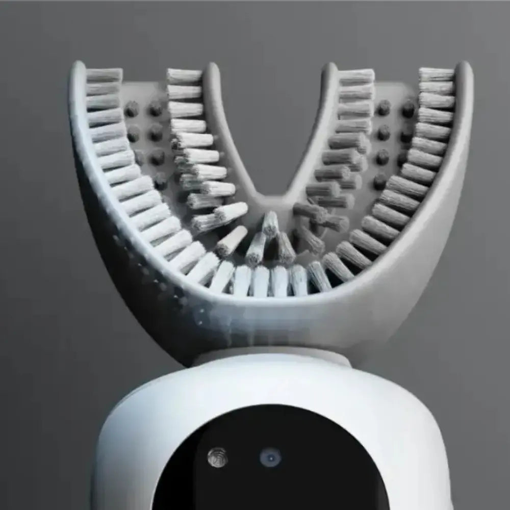 Electric toothbrush sensor pressure technology shown in close-up of smart U-shaped brushing head.