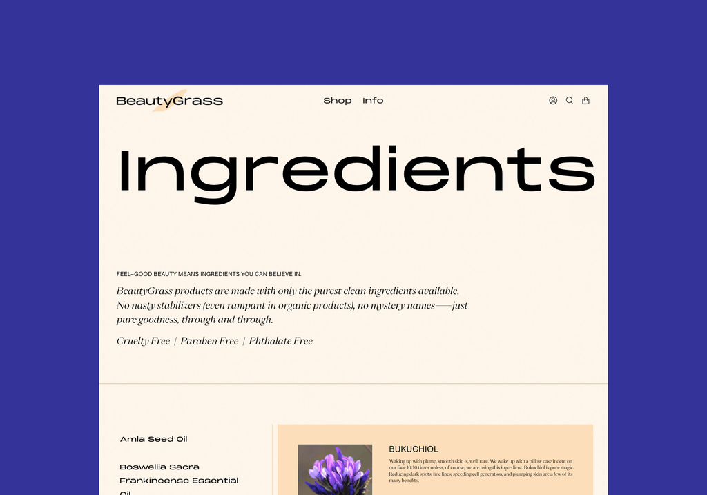 BeautyGrass ingredients page on desktop