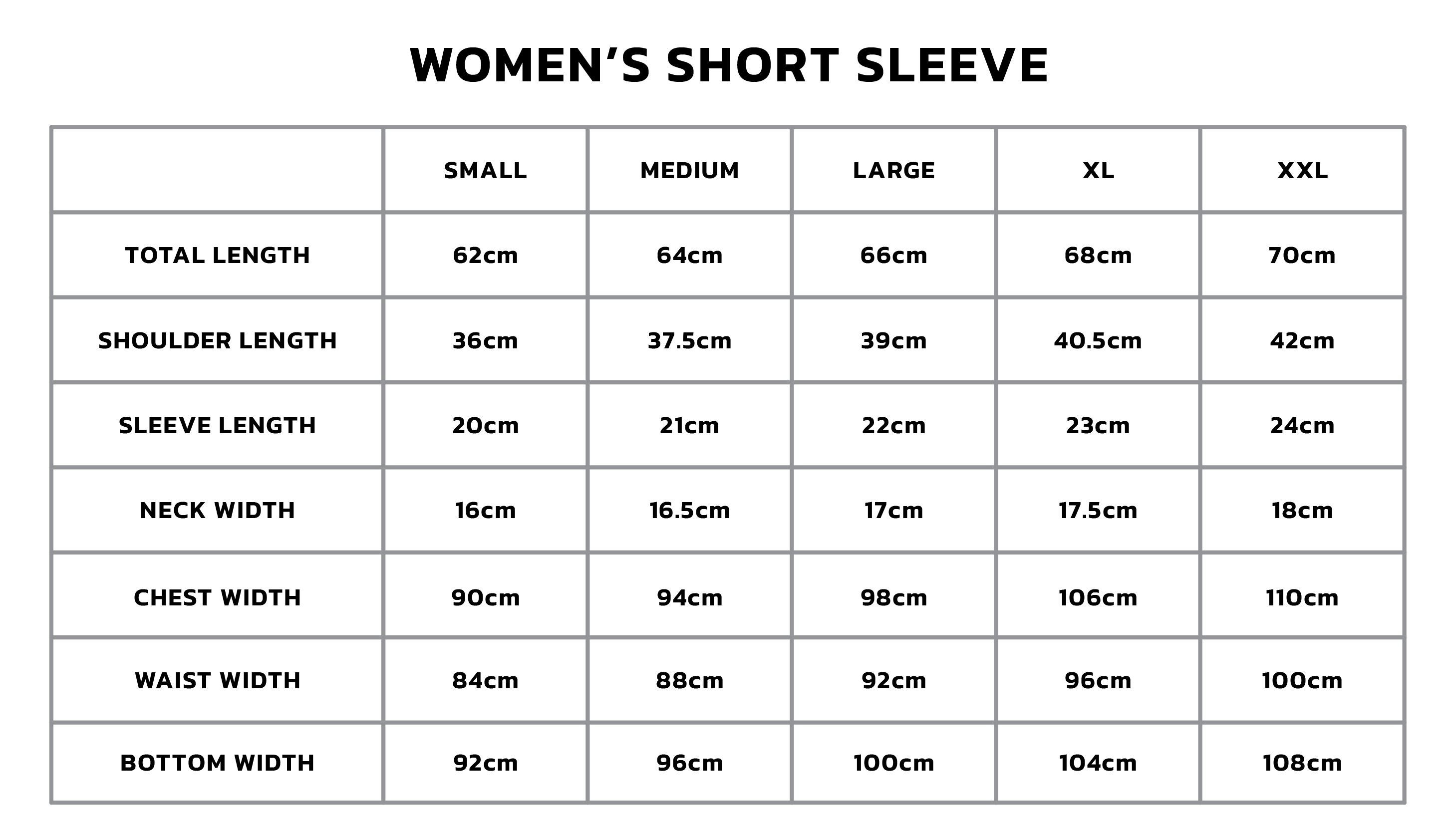 Women's Short Sleeve Size Chart