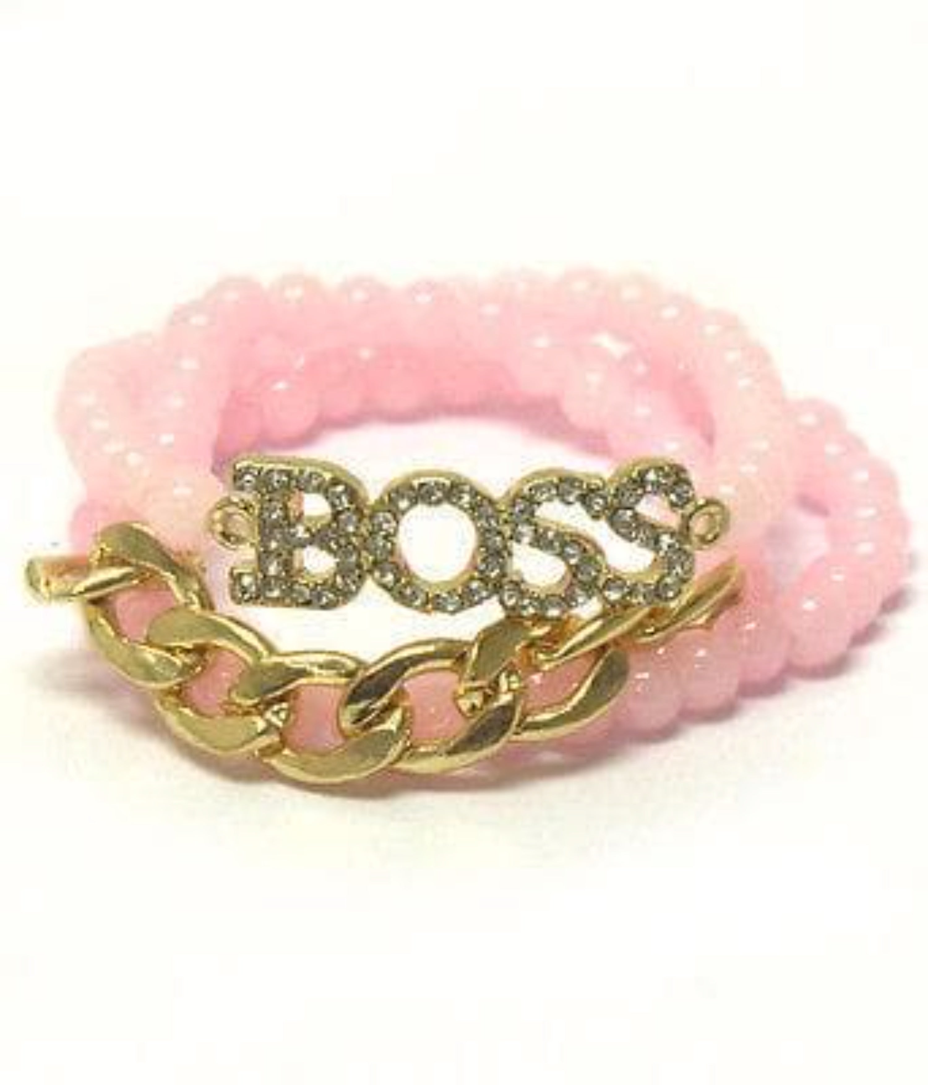 Crystal with word Boss and thick chain accent stretch pink bracelet set of 3