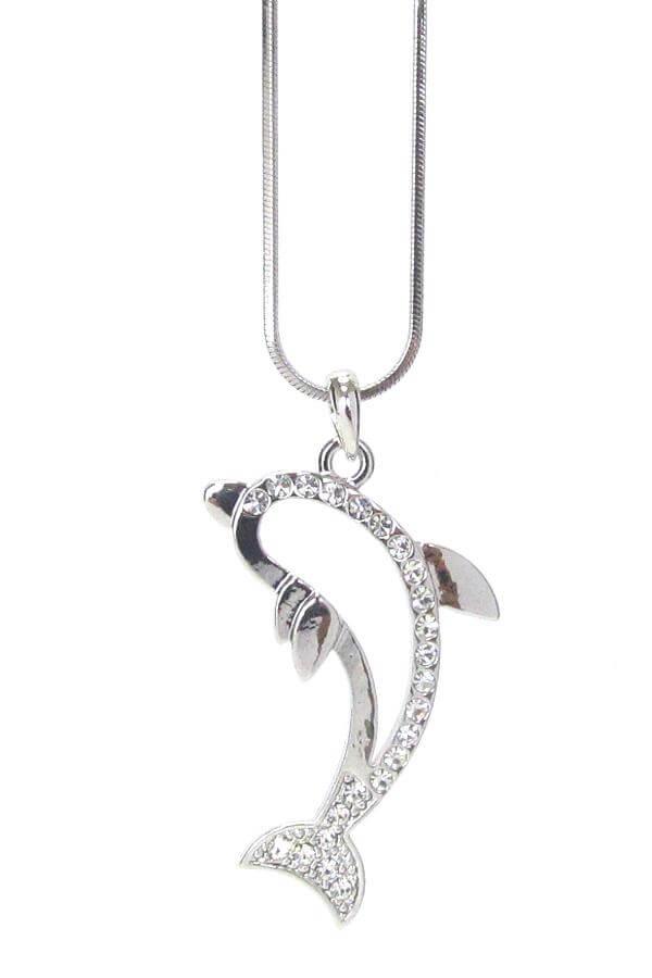 Whitegold Plating Crystal Open Dolphin Pendant Necklace