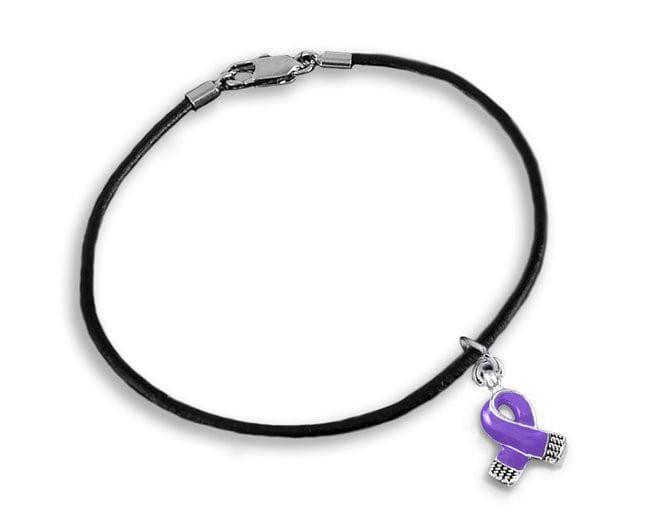 Small Purple Ribbon Charm on Black Cord Bracelet for Causes