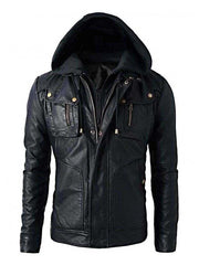 New Men's Motorcycle Brando Style Biker Real Leather Detachable Hoodie Jacket - Black