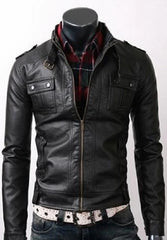 Black Strap Pocket Leather Jacket