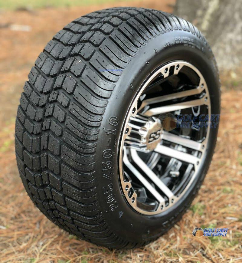 10′′ TERMINATOR MACHINED/ BLACK GOLF CART WHEELS AND 205/50-10 DOT LOW PROFILE GOLF CART TIRES COMBO – SET OF 4
