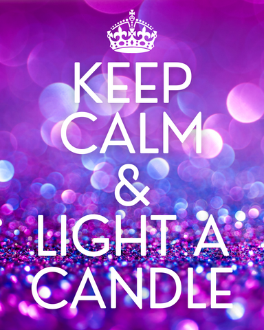 A purple glitter background with white text overlay that says "Keep Calm and Light a Candle." There is a small white crown above the text.