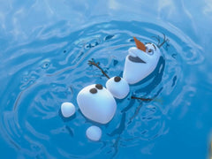 Olaf from the movie Frozen is a fictional, humanized snowman floating on a pale blue puddle of water with ripples emanating from his snowman body.