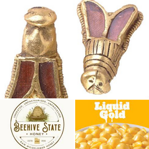 Charlemegne bees in gold and red glass, Beehive State Honey advertisement with white background and brown font, State of Utah, The Beehive State, Velveeta Liquid Gold, Yellow Cheese, Velveeta Cheese, Shells and Cheese